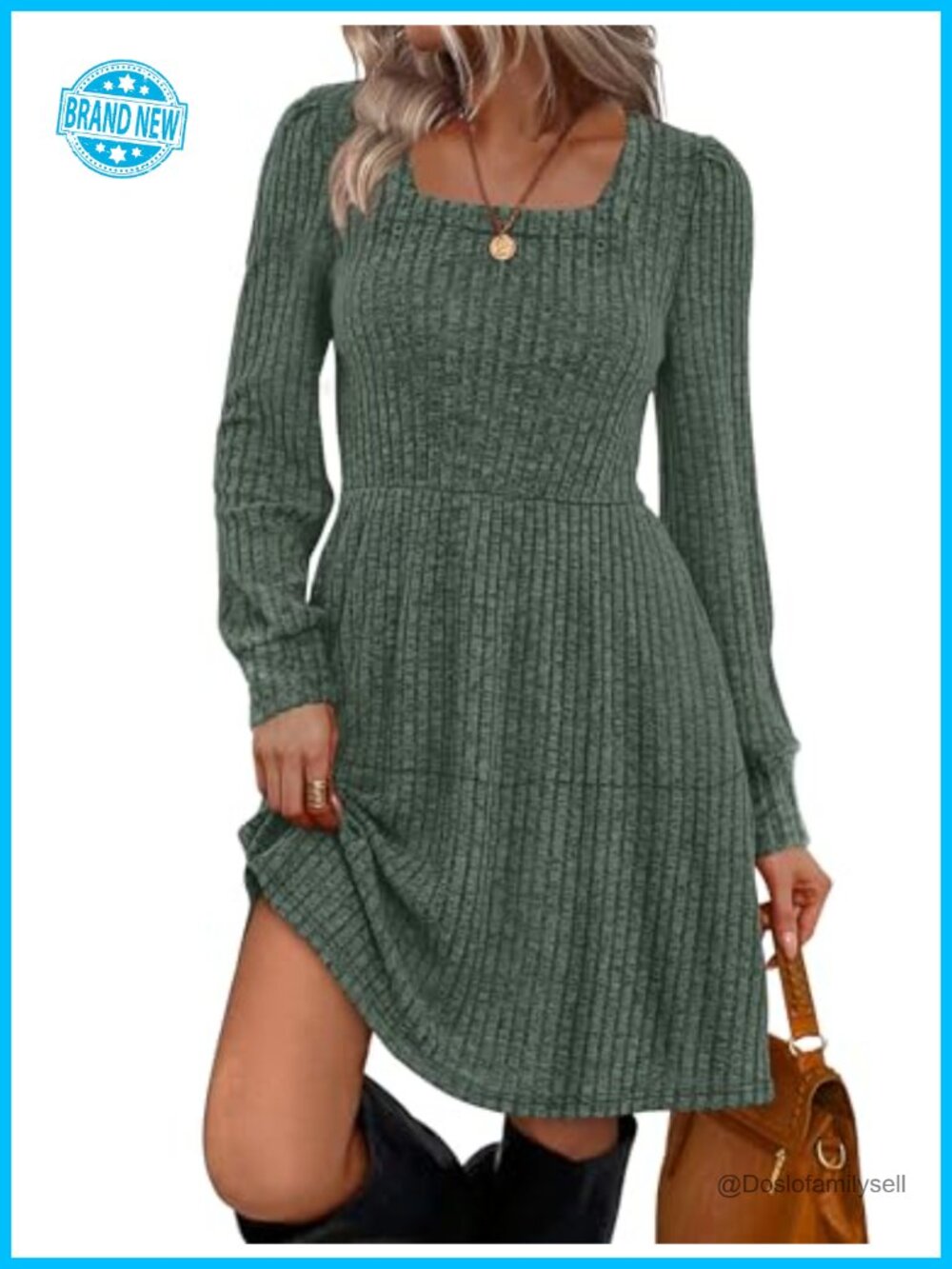 Sampeel Women's Square Neck Babydoll Sweater Dress Long Sleeve Casual Fall Tunic